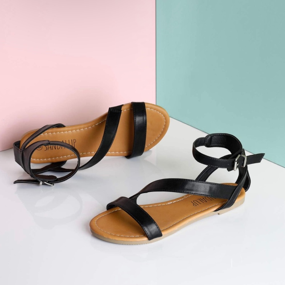 SANDALUP Flat Sandals with Oblique Band Ankle Strap for Women